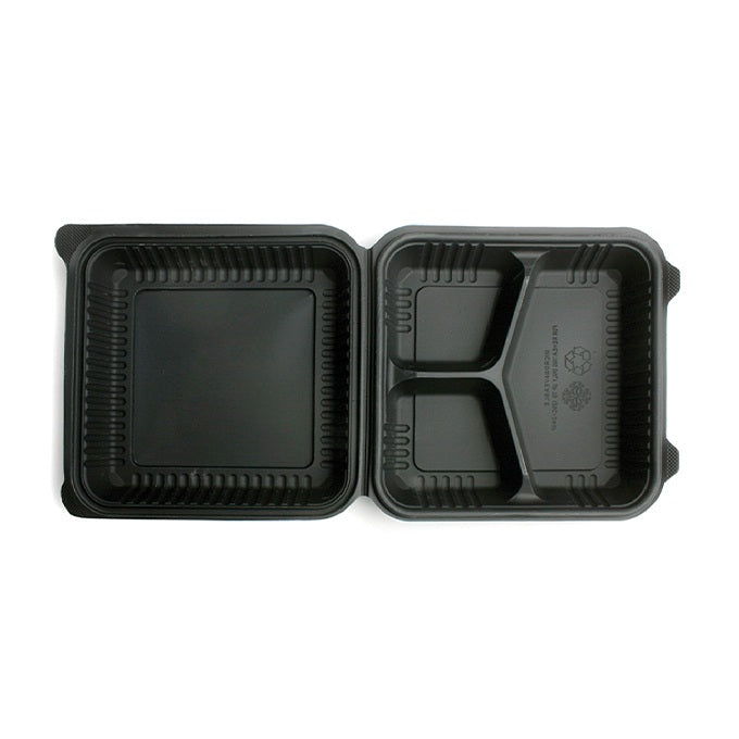 Clamshell 48 Oz Con Divisiones Black Compostable Fécula de maíz 🔄 Apto para microondas
💧 No se humedece ni se trasmina