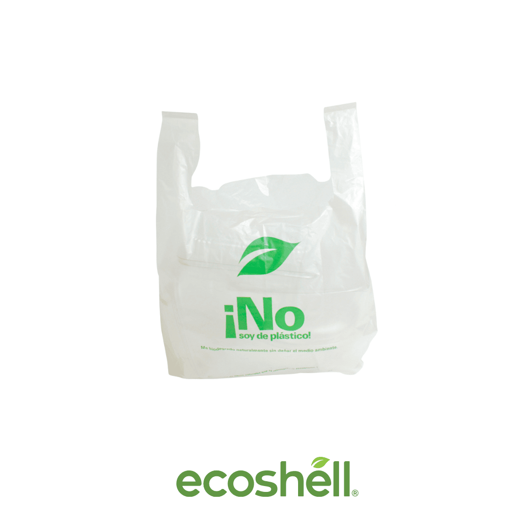Bolsa Camiseta Compostable ('No Soy Plástico') Composición con 86% fécula de maíz y materiales biodegradables ♻️ Alternativa sin plástico ni contaminantes