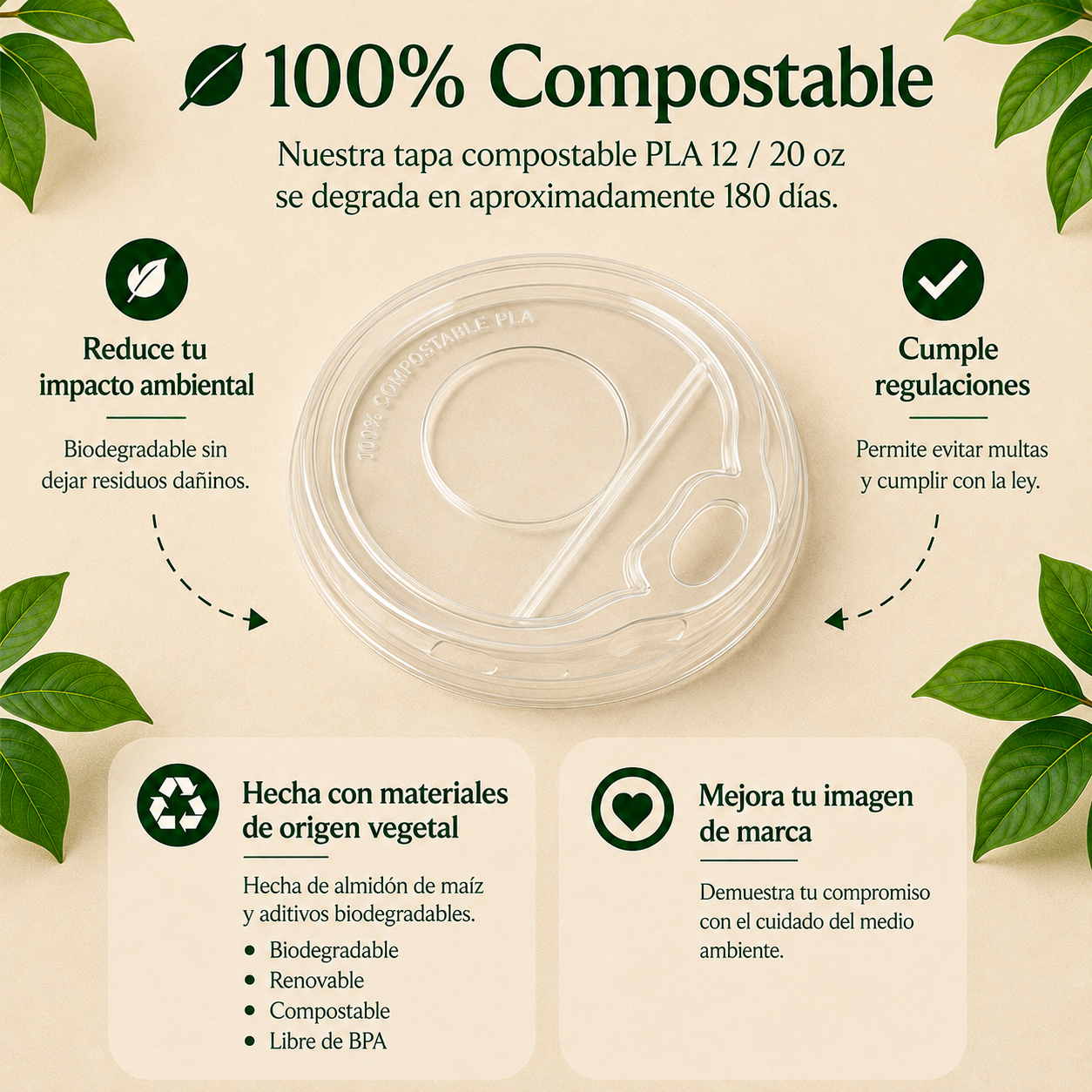 Tapa Transparente con Boquilla PLA para Vasos 12 y 20 oz