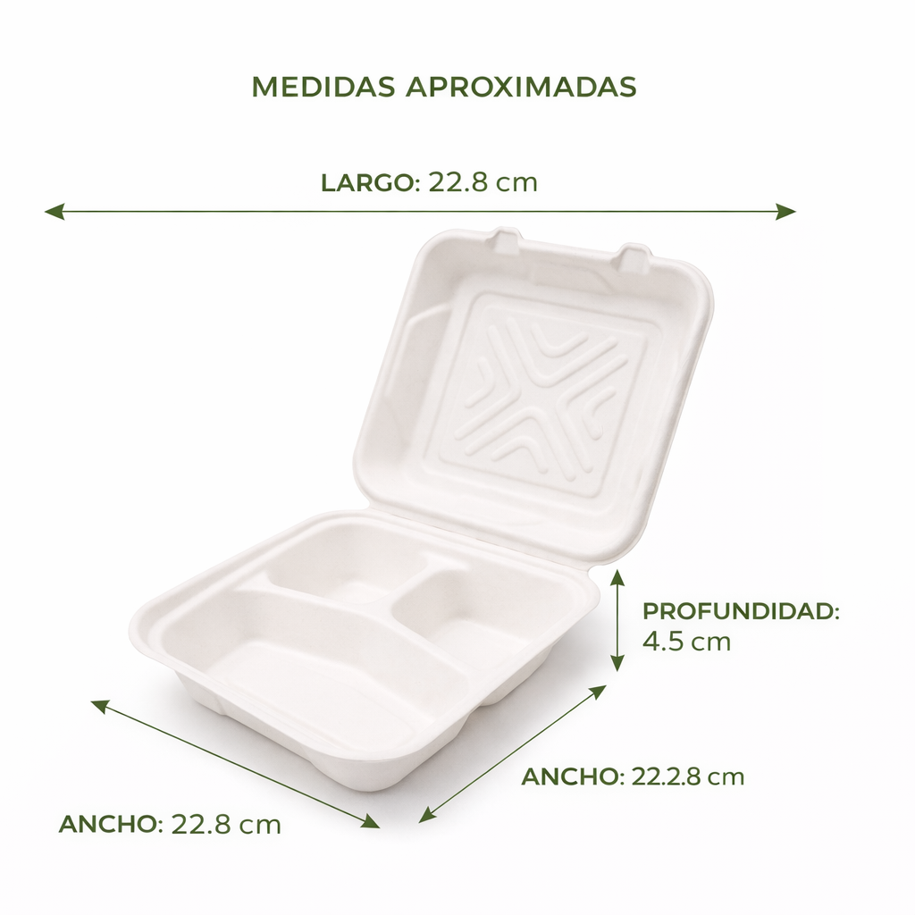 Contenedor 48 oz Compostable con División, Caña de Azúcar