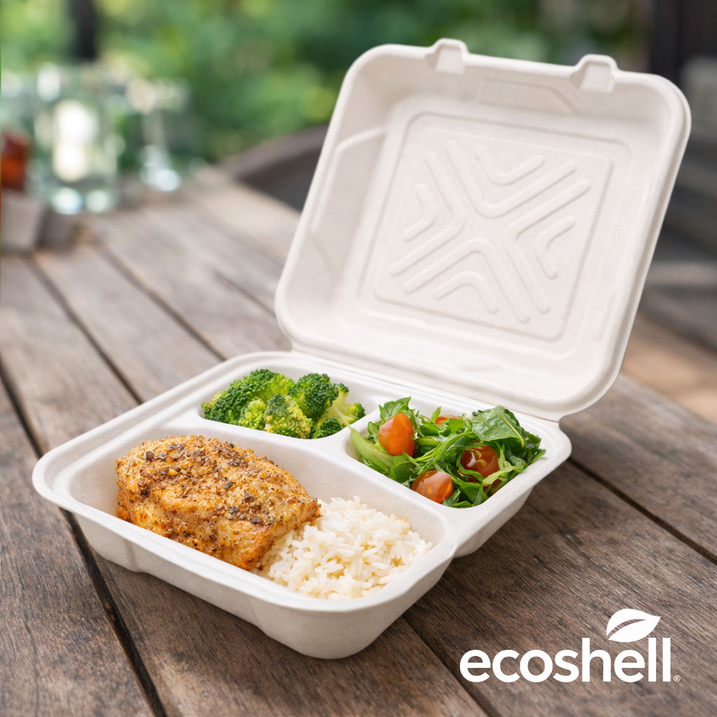 Contenedor 48 oz Compostable con División, Caña de Azúcar