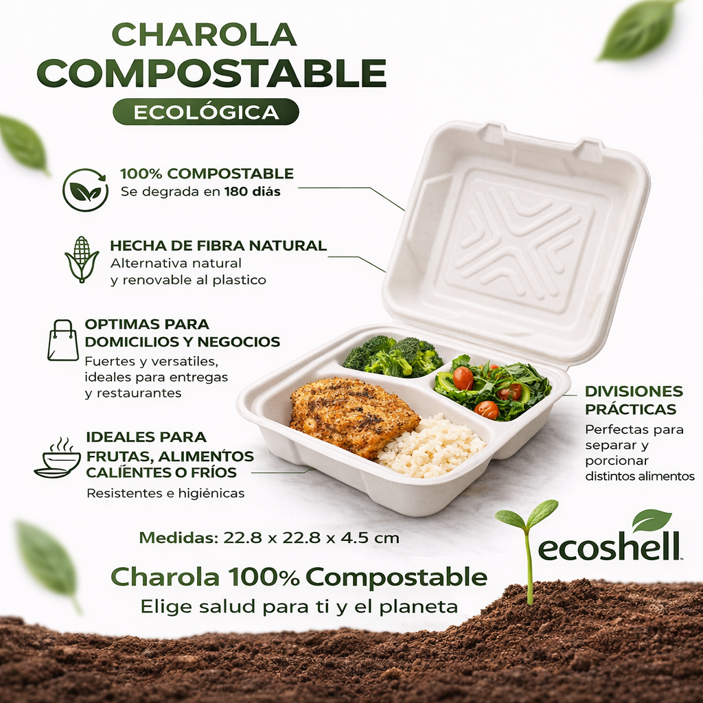 Contenedor 48 oz Compostable con División, Caña de Azúcar