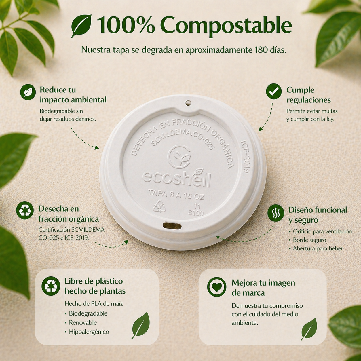 Tapa Vaso Para Café 8 a 16 Oz Compostable