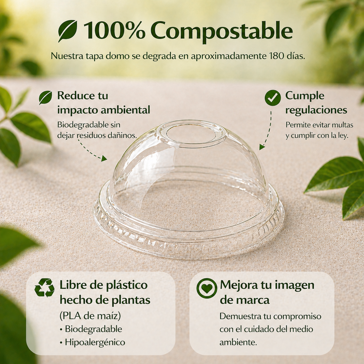 Tapa Transparente Domo 12 Y 20 Oz Con Agujero Compostable