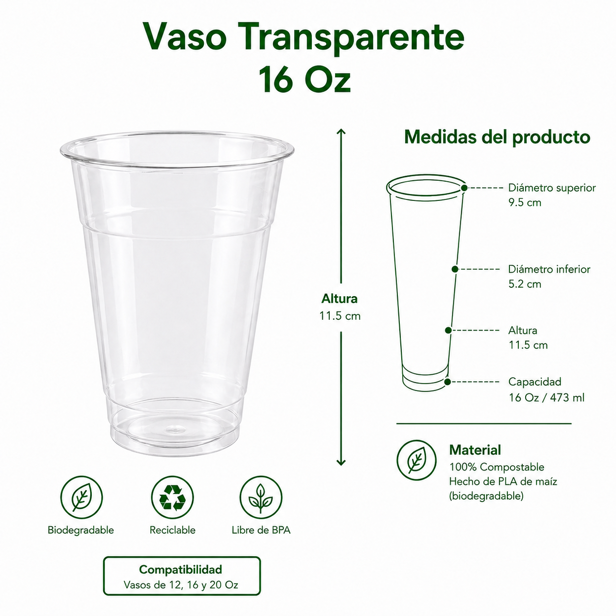 Vaso Transparente 16 Oz Compostable