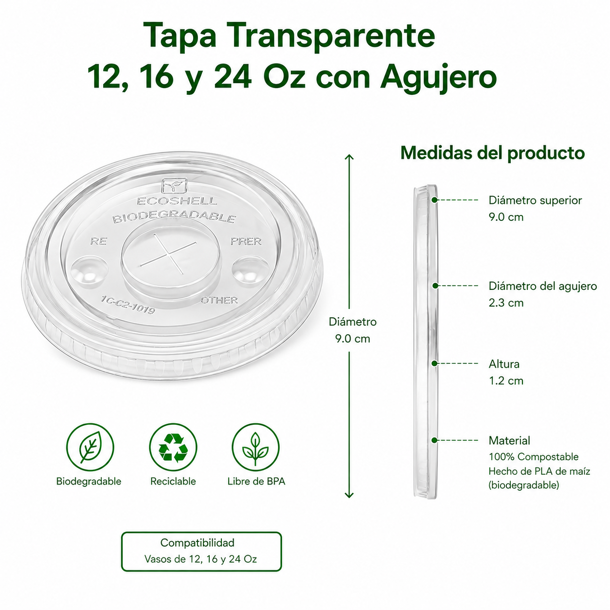 Tapa Transparente 12, 16 Y 24 Oz Con Agujero Compostable