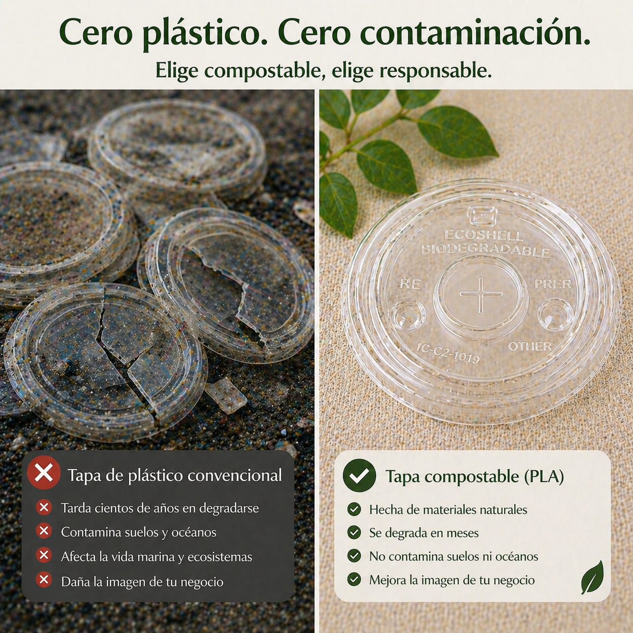 Tapa Transparente 12, 16 Y 24 Oz Con Agujero Compostable