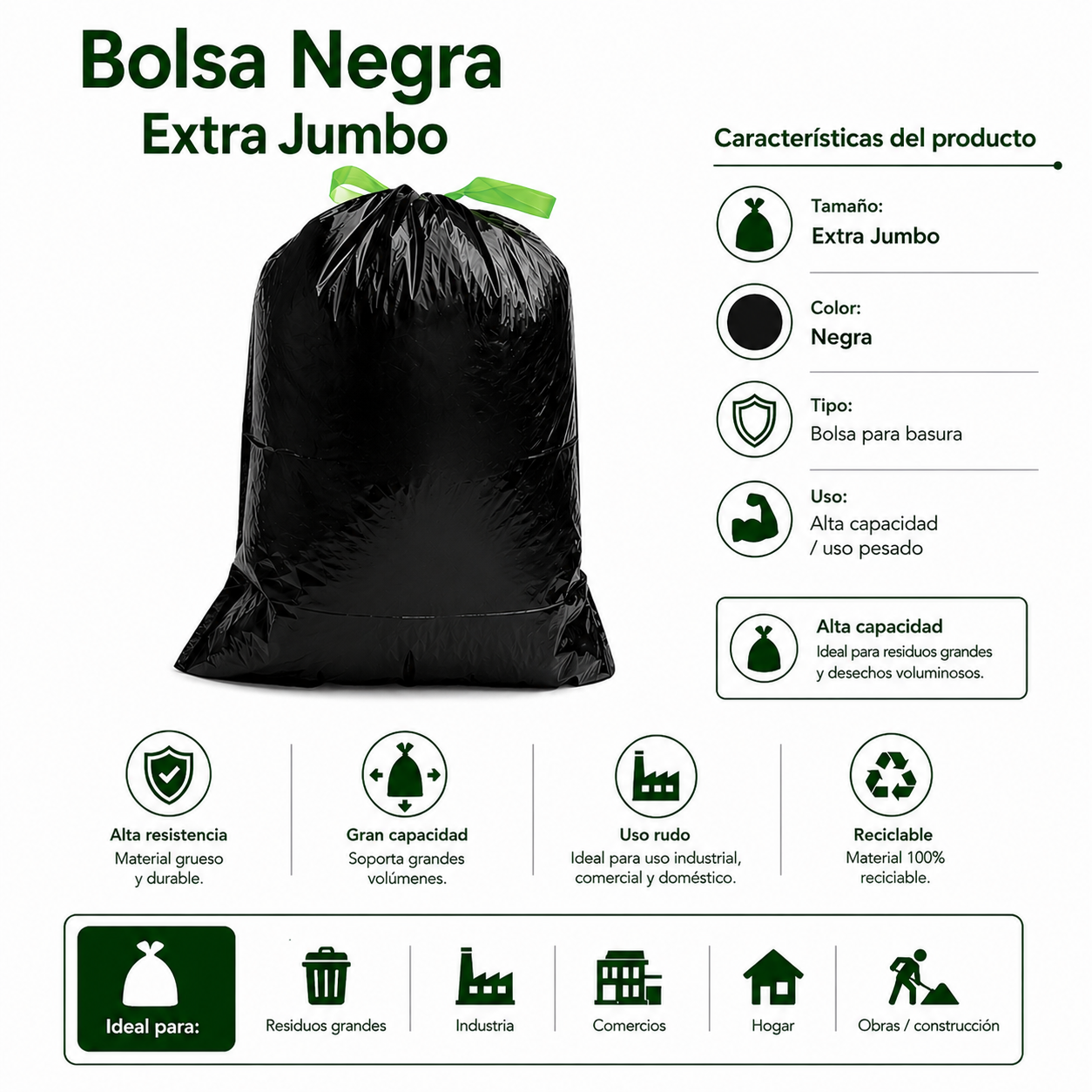Bolsa Para Basura Extra Jumbo Black Con Jareta Compostable