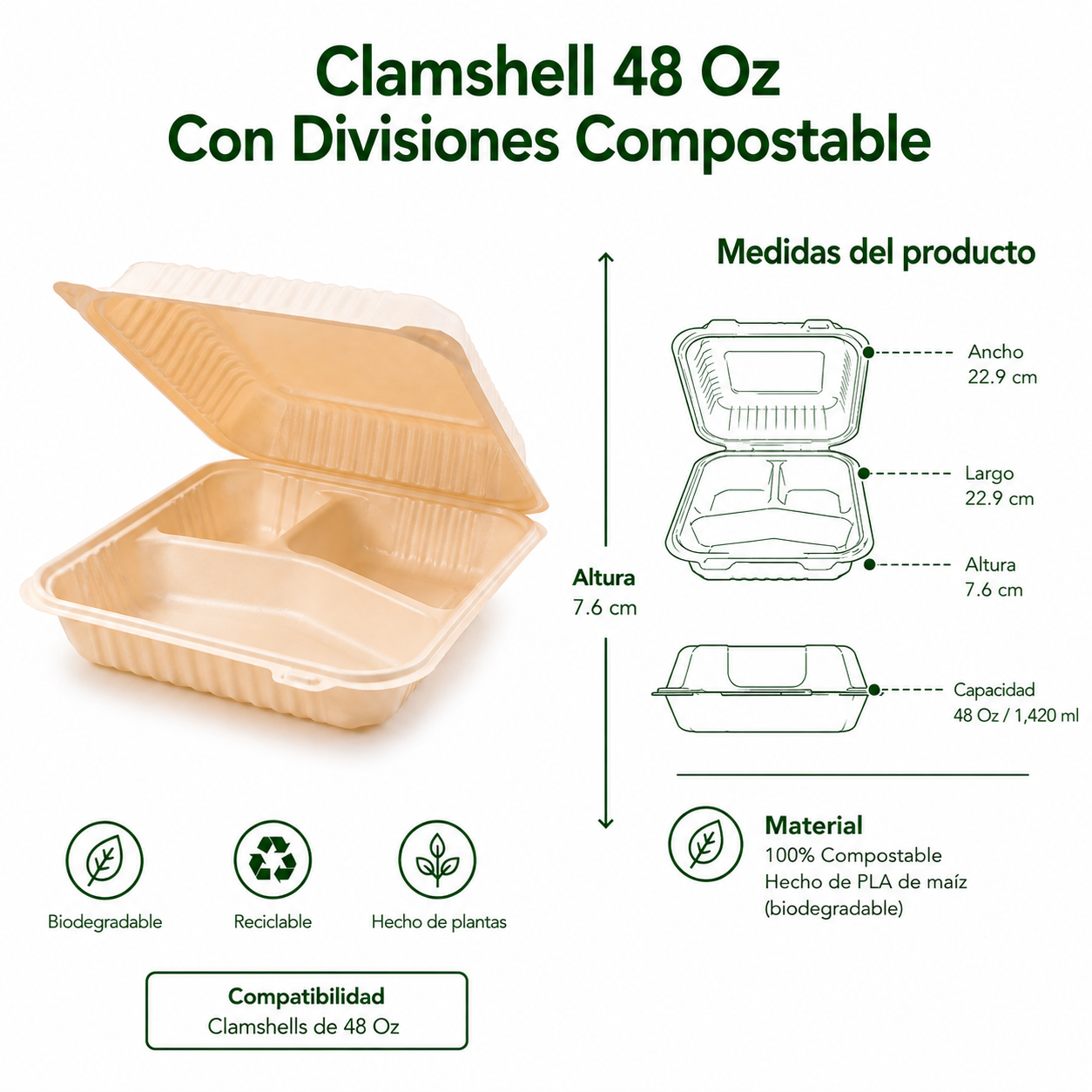 Clamshell 48 Oz Con Divisiones Compostable