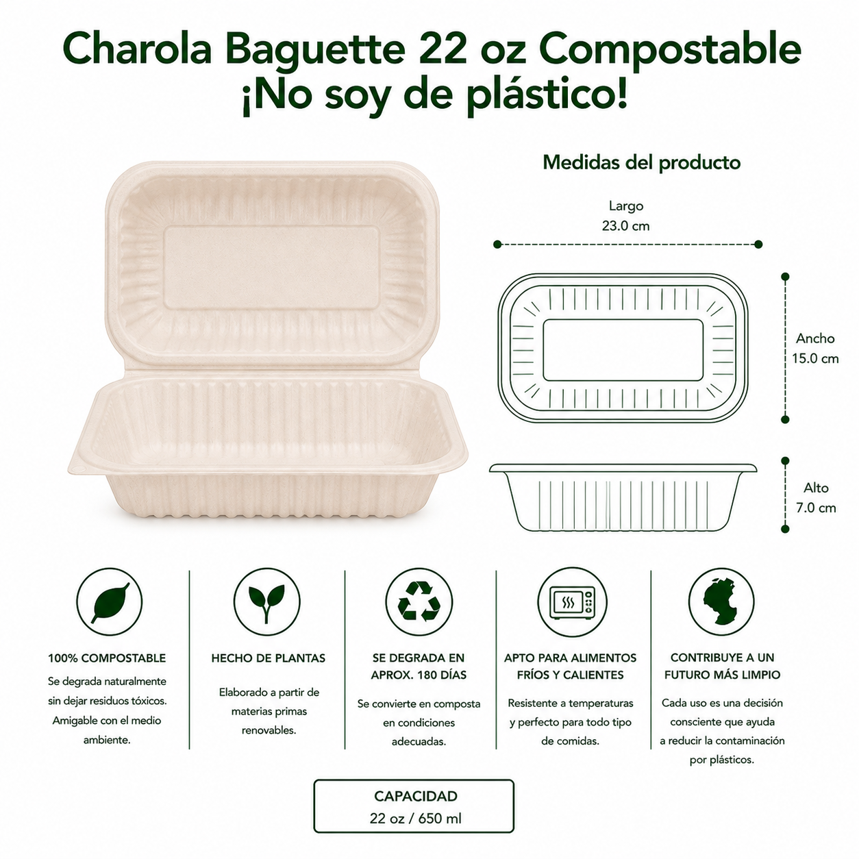 Clamshell 22 Oz (Baguette) Compostable
