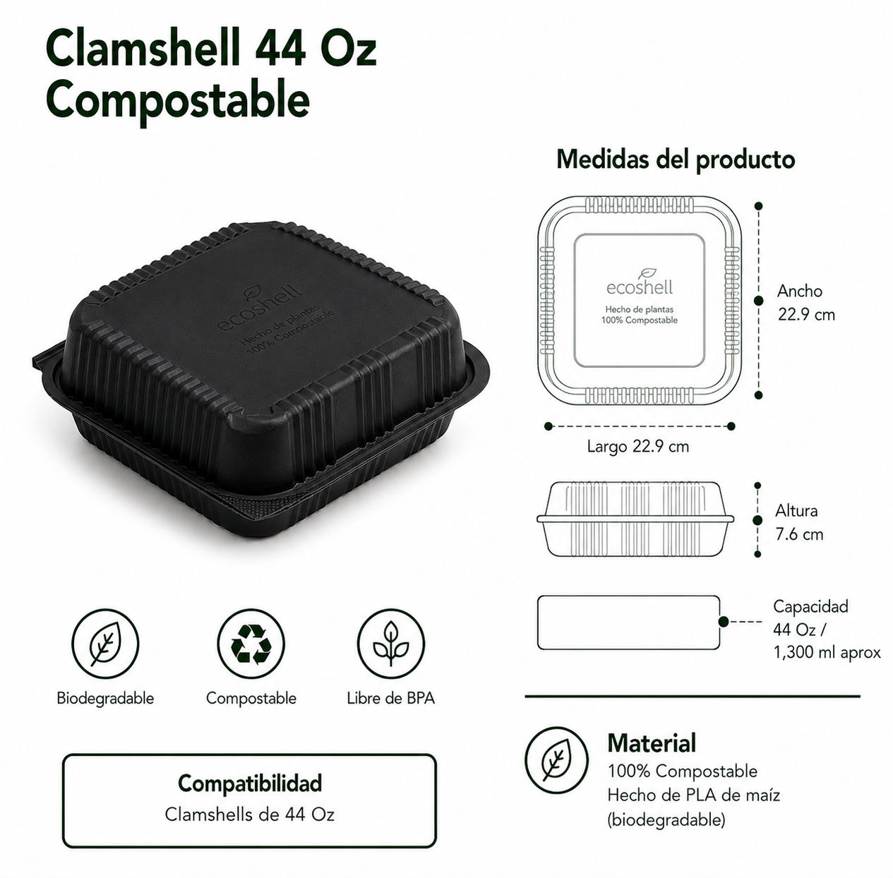 Clamshell 44 Oz Black Compostable