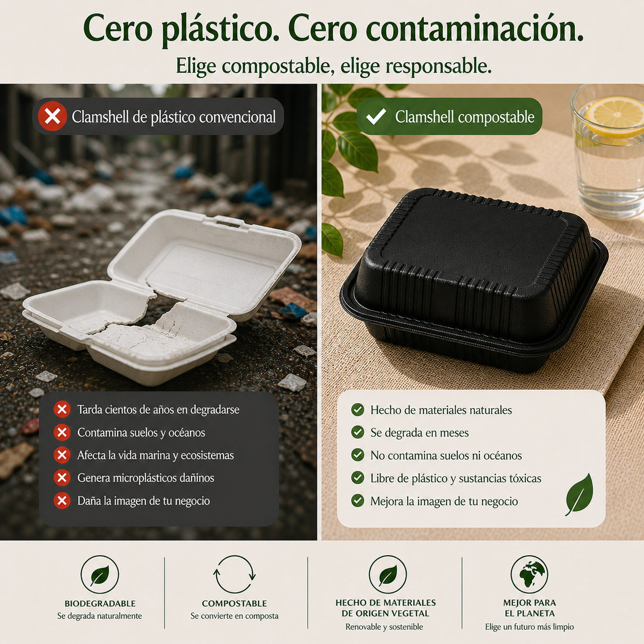 Clamshell 44 Oz Black Compostable