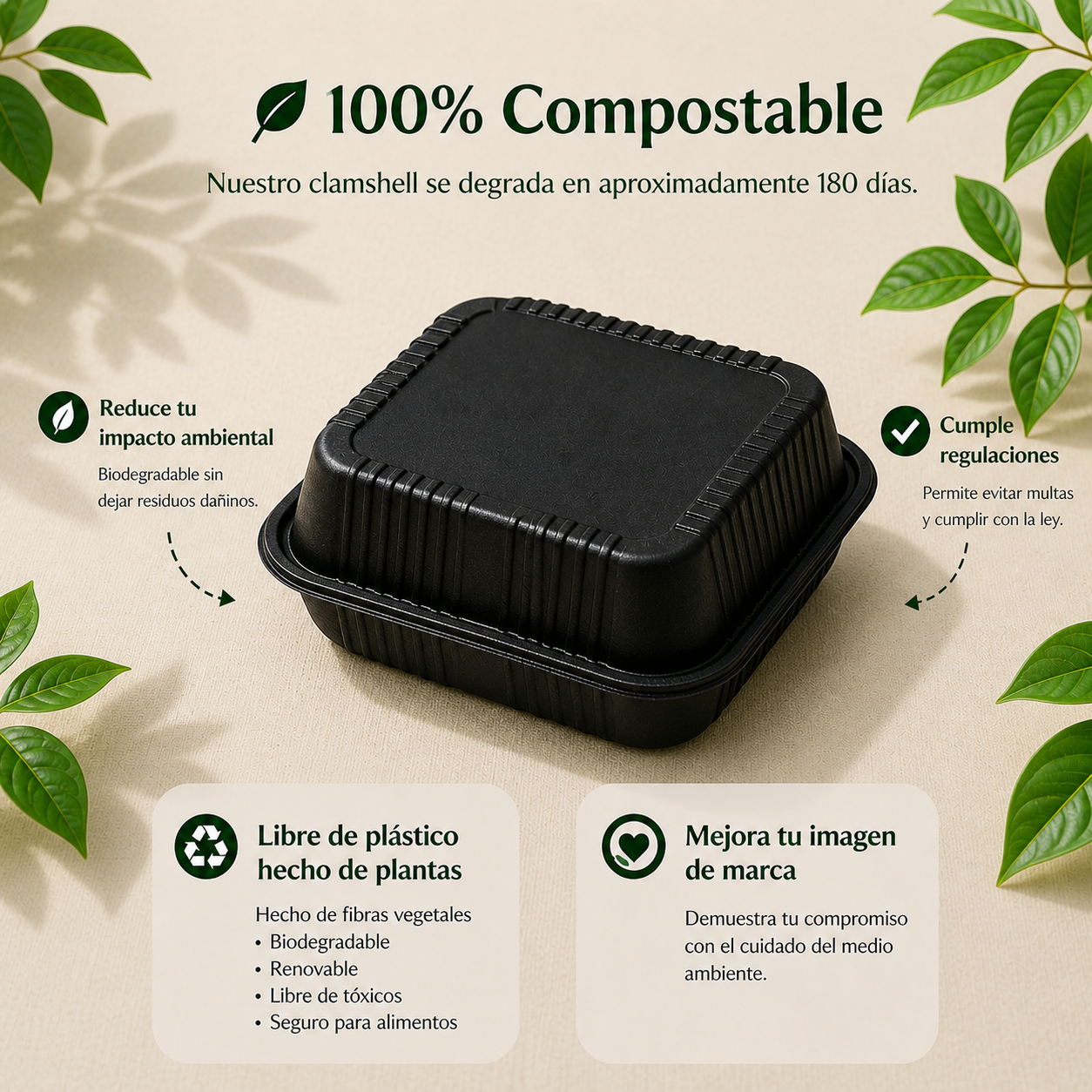 Clamshell 44 Oz Black Compostable