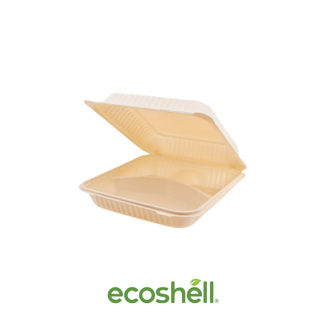Clamshell 48 Oz Con Divisiones Compostable Fécula de maíz ♻️ Alternativa sin plástico ni contaminantes