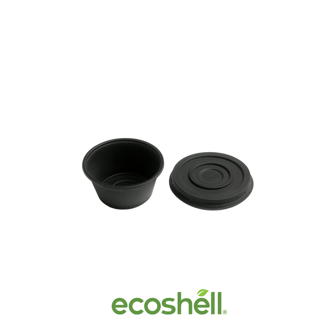 Soufflé Cup 2 Oz Black Compostable Fécula de maíz ♻️ Alternativa sin plástico ni contaminantes